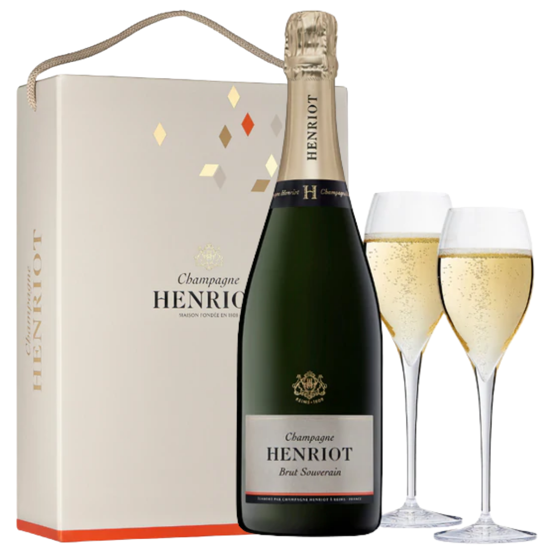 Henriot Brut Souverain NV with 2 Champagne Glasses