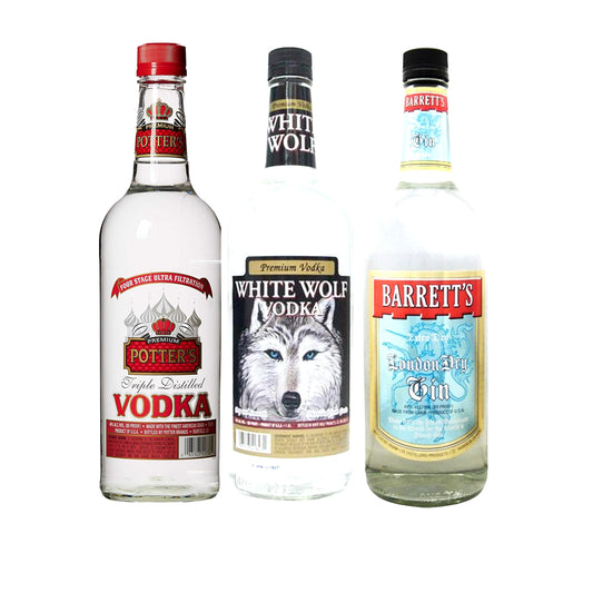 White Wolf Vodka 1 LT, Potter's Triple Distilled Vodka 1 LT, Barrett's London Dry Gin 1 LT